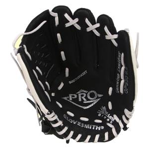 Front view of a black youth baseball glove with white lacing, PRO logo, and GLOVESMITH branding.
