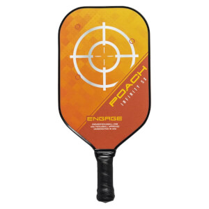 Front view of an orange pickleball paddle with a target design, POACH INFINITY SX text, and ENGAGE logo.