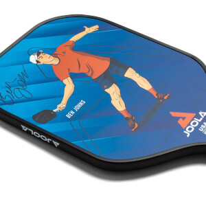 Corner view of a blue pickleball paddle with a graphic of Ben Johns playing, his signature, and JOOLA branding.