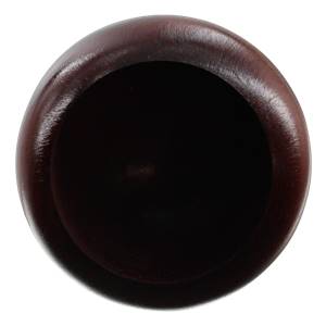 Top-down view of a dark brown baseball bat with a hollowed barrel end.