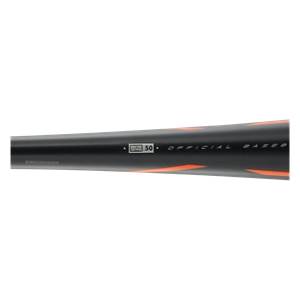 Side view of a black baseball bat with orange accents and OFFICIAL BASEB text.