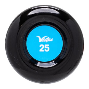 Top-down view of a black baseball bat end cap with a blue circle featuring Victus and 25.