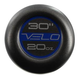 End view of a black baseball bat with blue VELO branding, 30 length, and 20oz weight.