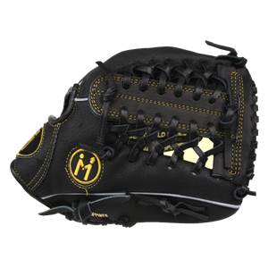 Side view of a black baseball glove with gold stitching and a gold M logo.