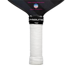 Close-up of a white grip on a black PROLITE pickleball paddle with USAPA Approved and Made in USA logos.