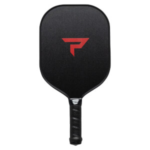 Front view of a black pickleball paddle with a red P logo and textured surface.