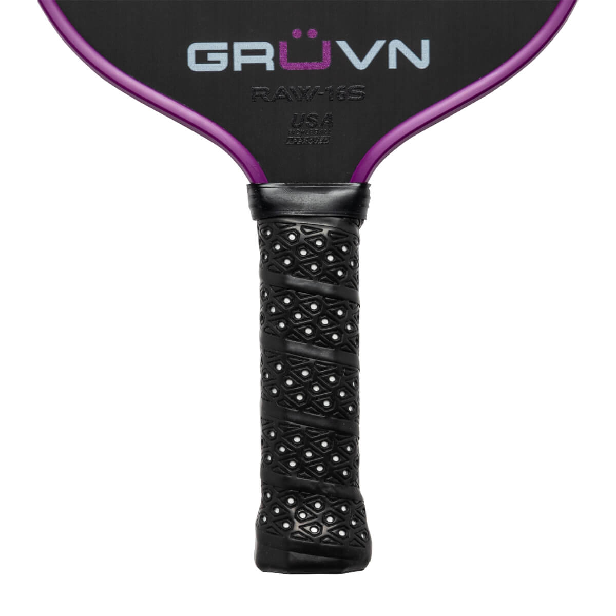 Top-down view of a black GRUVN RAW-16S pickleball paddle with purple trim and a perforated grip.