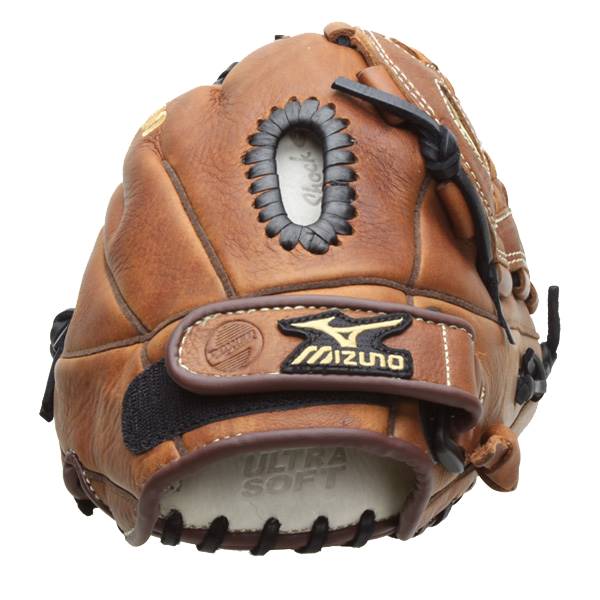 Back view of a brown Mizuno fastpitch glove with Shock and ULTRA SOFT text.