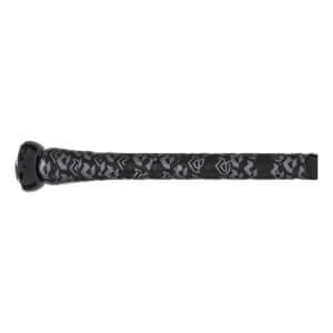 Side view of a black baseball bat with a patterned grip and black end cap.