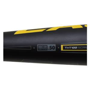 Side view of a black baseball bat with yellow accents, BBCOR CERTIFIED .50, and THT100 SCAN labels.