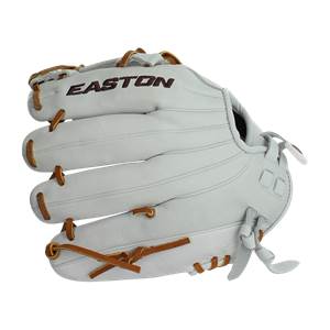 Front view of a white softball glove with brown lacing and EASTON branding.