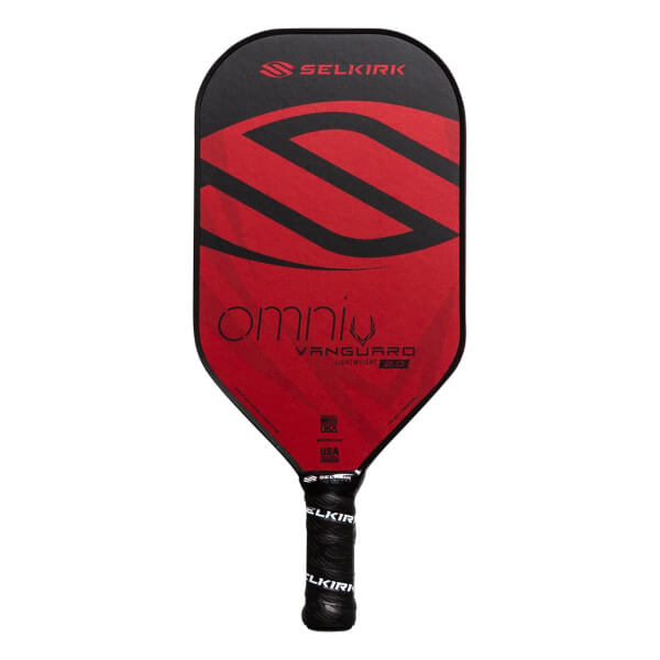 Front view of a red and black pickleball paddle with Omniu and Vanguard 2.0 text.