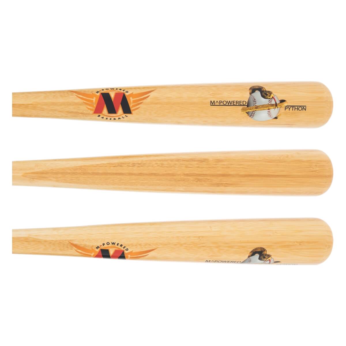 Top view of a natural wood baseball bat with M-Powered Baseball logo and Python text.