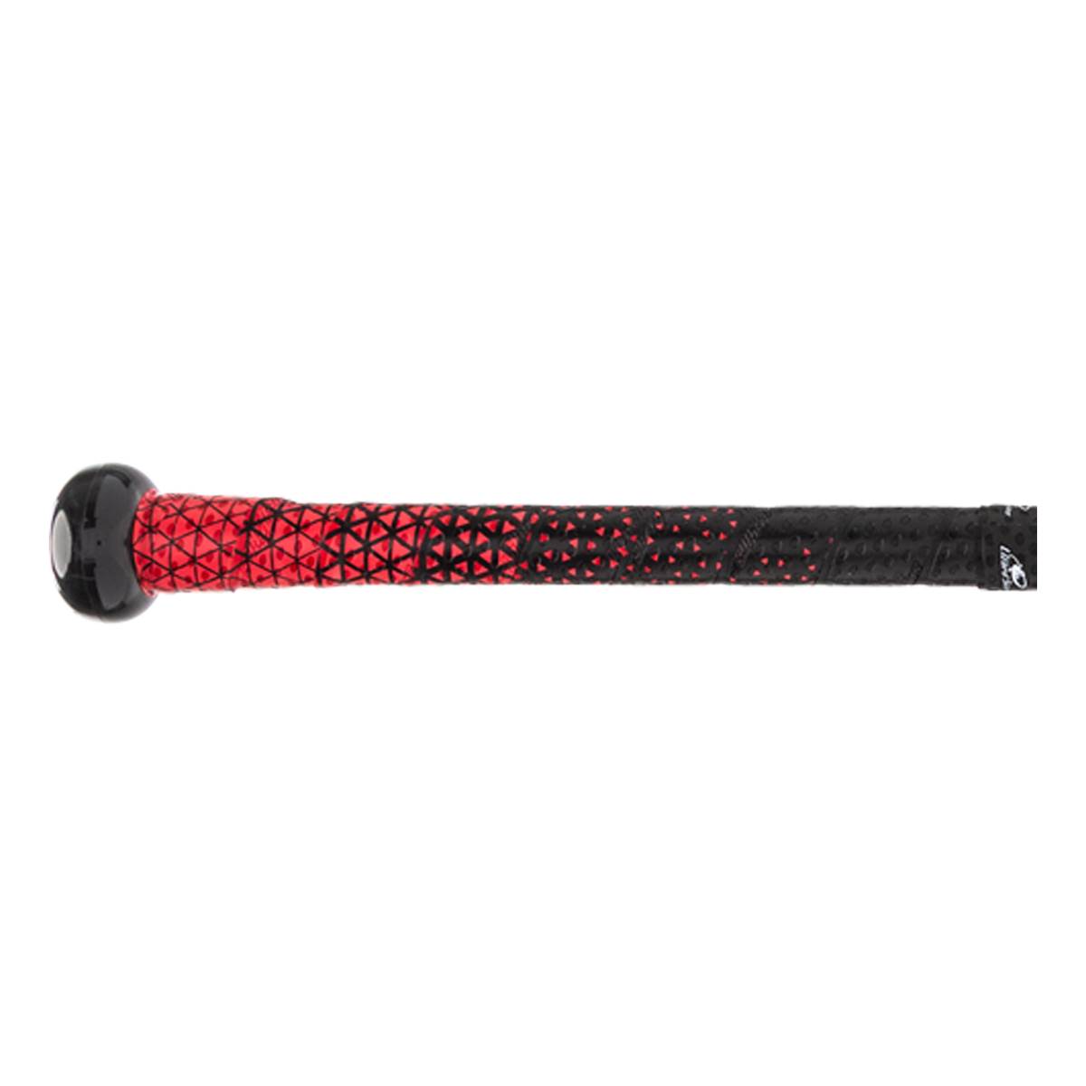 Side view of a black and red baseball bat with a geometric grip pattern and a black knob.