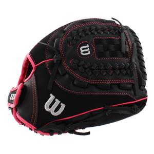 Front view of a black fastpitch glove with pink stitching and a white Wilson logo.