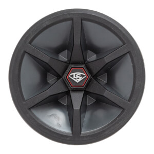 Top-down view of a black baseball bat end cap with a five-pointed star design and LS logo.
