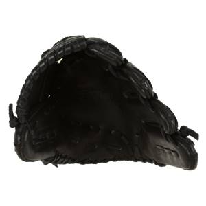 Top-down view of a black baseball glove with stitched finger stalls and a deep pocket.