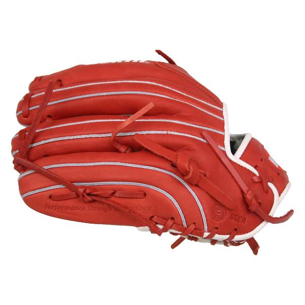 Side view of a red baseball glove with white stitching and BEER logo.