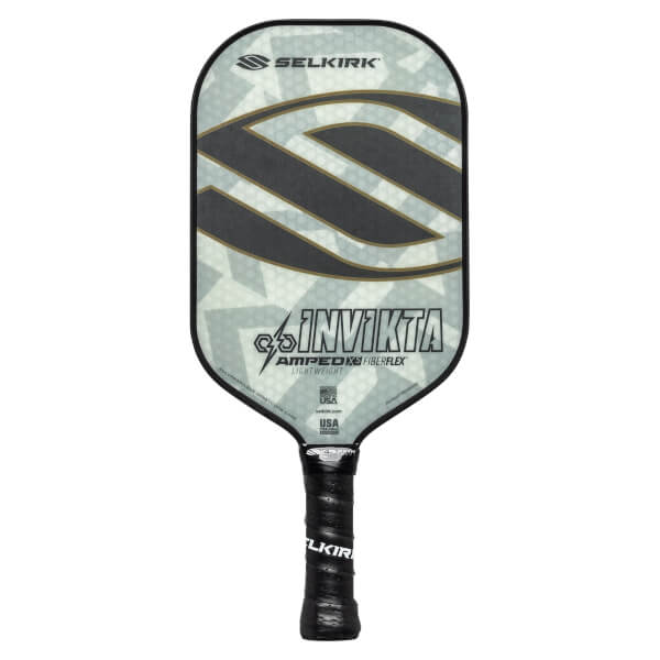 Front view of a gray and black pickleball paddle with a camouflage pattern, INVIKTA text, and Selkirk branding.