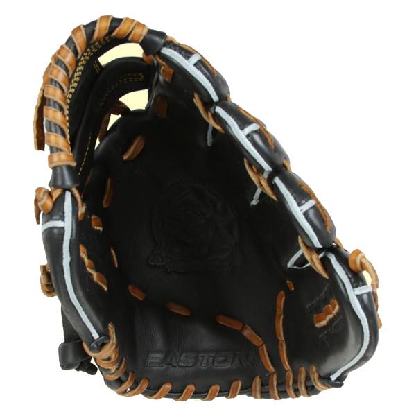 Side view of a black baseball glove with tan lacing and white accents, showing the EASTON logo.