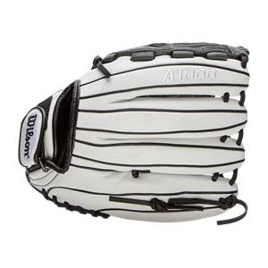 Side view of a white softball glove with black lacing and A1000 and Wilson branding.