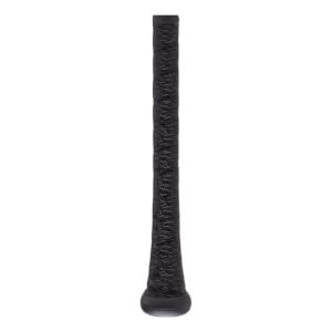 Close-up view of the baseball bat handle featuring black textured grip tape and a smooth, rounded black knob at the base.