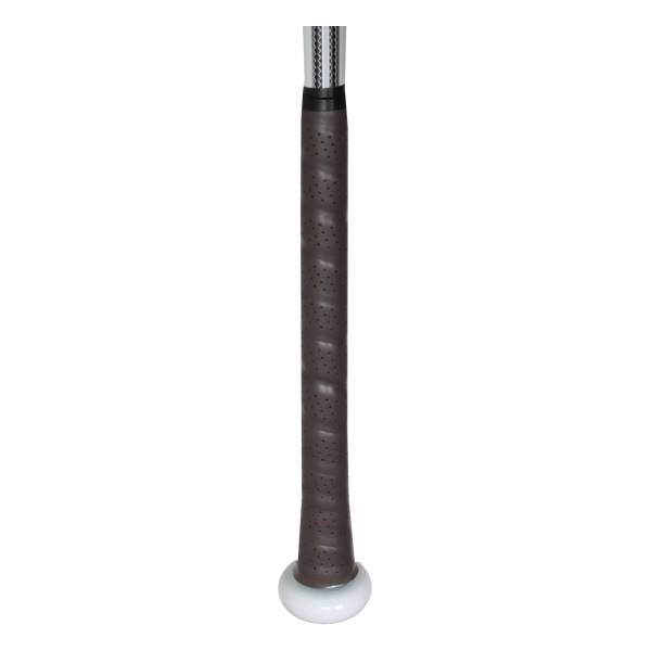 Close-up of a brown baseball bat grip with a white end cap and textured silver barrel.