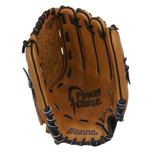 Front view of a tan baseball glove with black lacing, Power Close. text, and Mizuno logo.