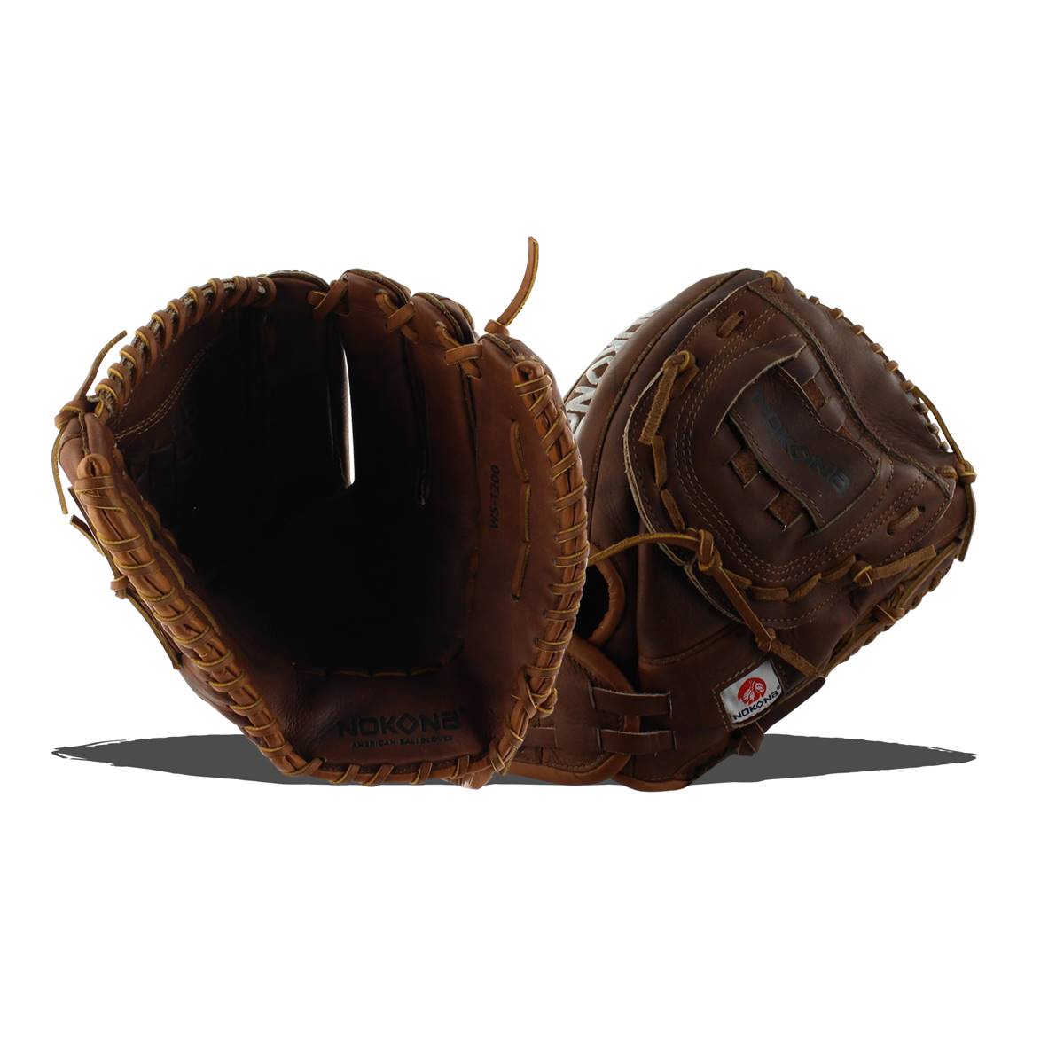 Interior view of a brown softball glove with Nokona branding and a deep pocket.