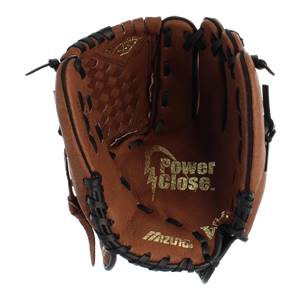 Top-down view of a brown baseball glove with black lacing, Power Close text, and Mizuno logo.