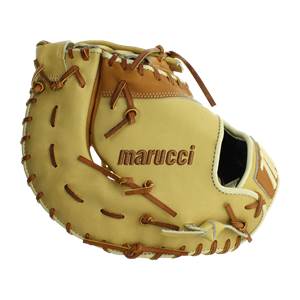 Front view of a tan and brown baseball glove with marucci branding and tan lacing.
