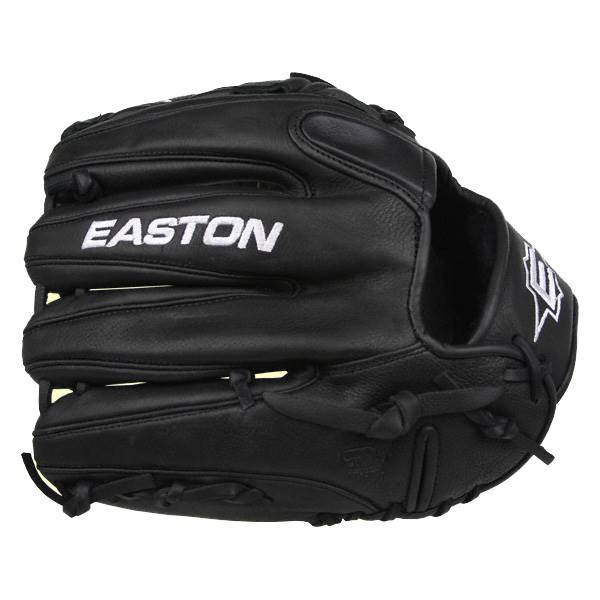 Front view of a black Easton glove with white embroidered lettering and a star logo.