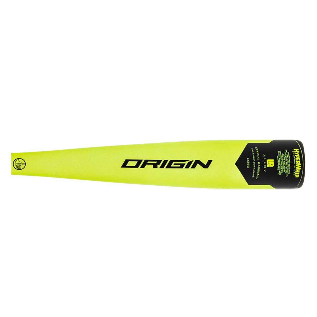 Top-down view of a neon yellow baseball bat with ORIGIN and HYPERWHIP text.