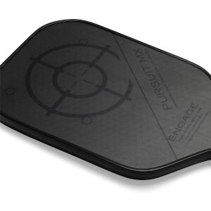 Corner view of a black pickleball paddle with a target design and PURSUIT MX text.