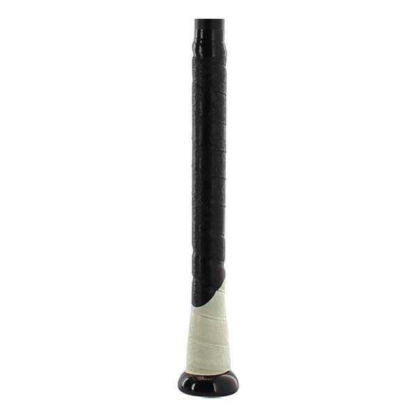 Close-up of a black baseball bat grip with a white taper and black end cap.