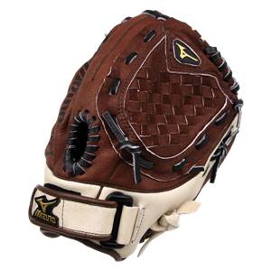 Top-down view of a brown baseball glove with a woven pocket and Mizuno branding.