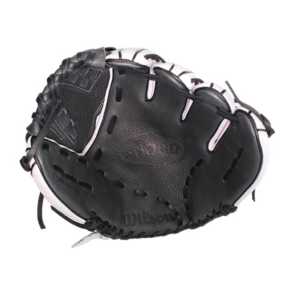 Top-down view of a black and white Wilson softball glove with white stitching and a textured palm.
