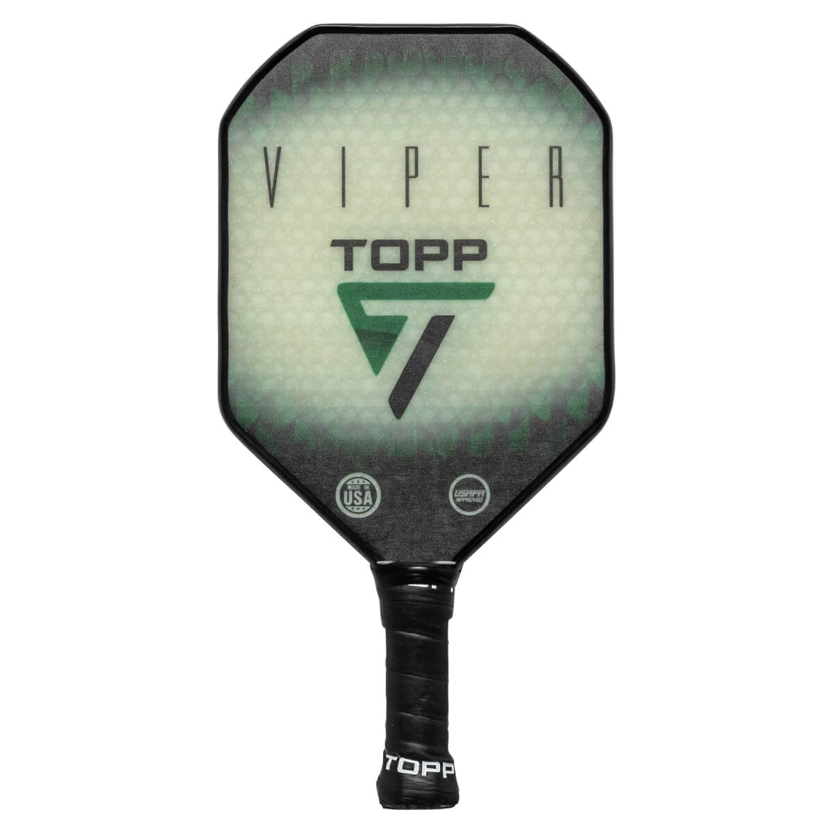 Front view of a black pickleball paddle with VIPER and TOPP logos, a green triangle, and USA and USAPA stamps.