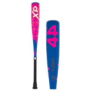Side view of a blue baseball bat with pink "44" and donut sprinkles, and a close-up of the barrel with "XP" and sprinkles.