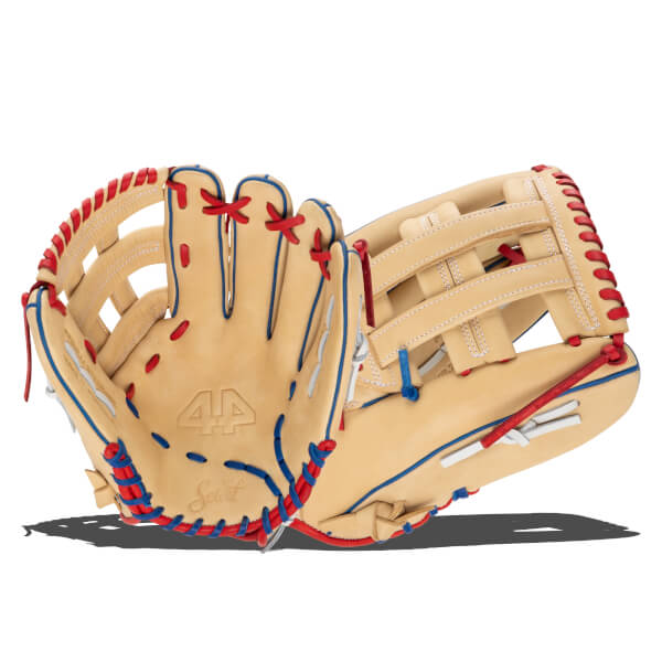 Corner view of the tan '44 Pro Select' baseball glove with red and blue lacing.