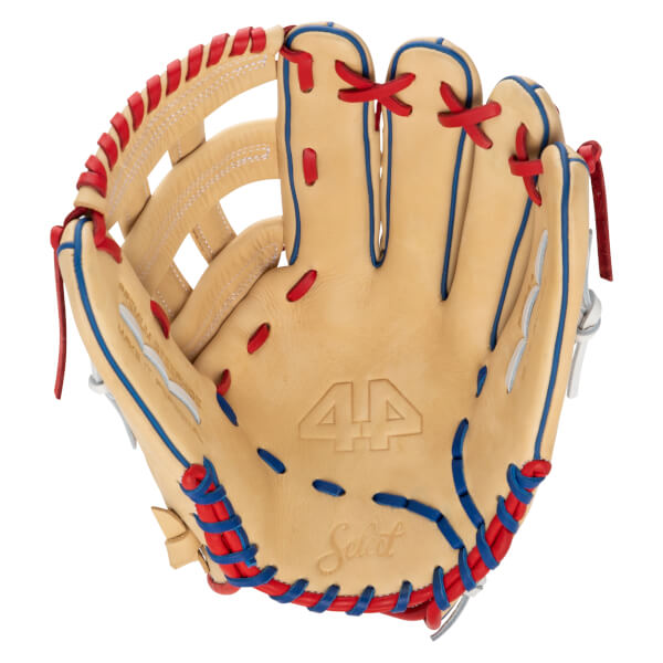 Front view of a tan baseball glove featuring red and blue lacing, with "44" and "Select" embossed on the palm.
