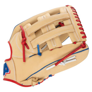 Side view of a tan baseball glove with red and blue lacing and a blue "4" logo.