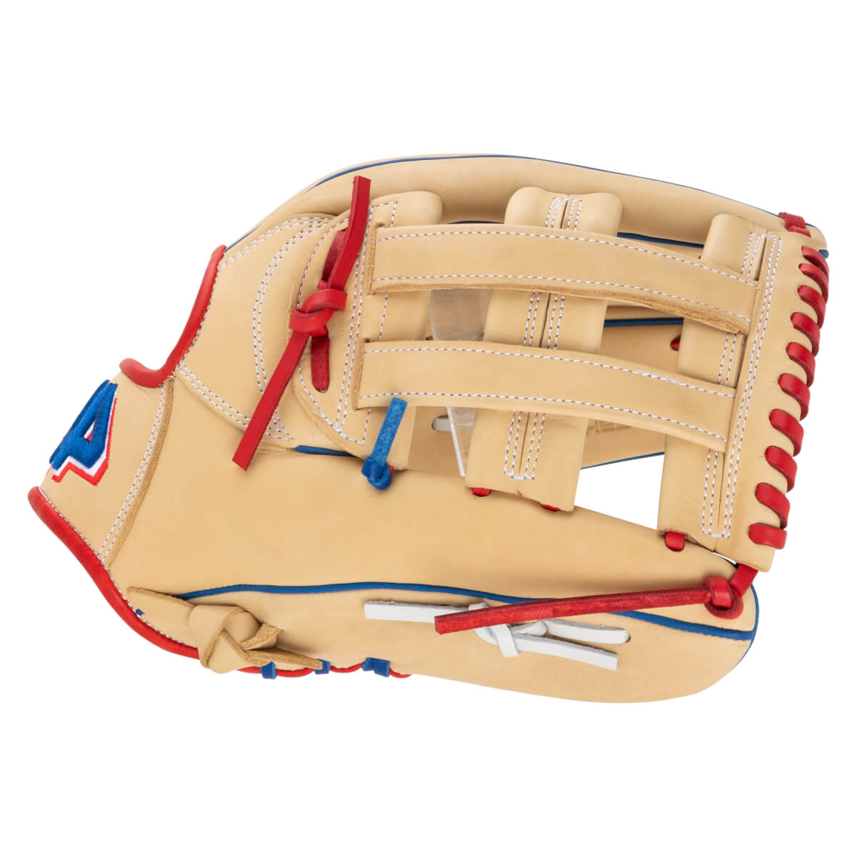 Top-down view of a tan baseball glove with red lacing, blue piping, and a red "A" logo.