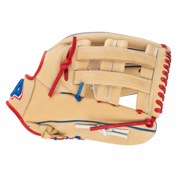 Top-down view of a tan baseball glove with red lacing, blue piping, and a red "A" logo.