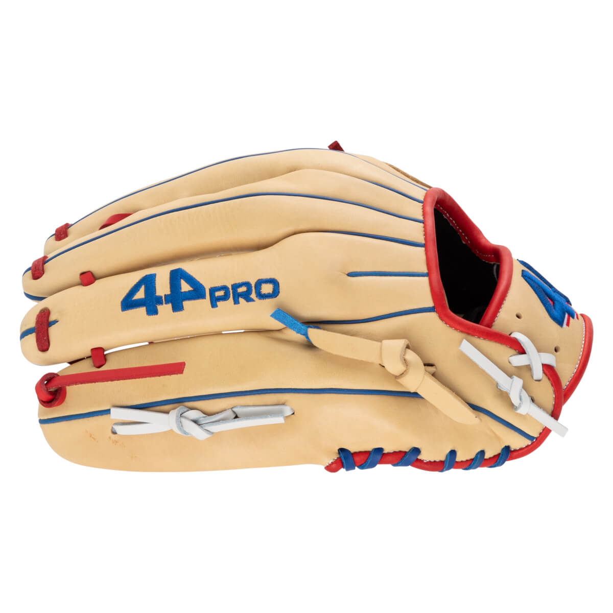 Side view of a tan baseball glove with blue stitching, red accents, and "44 PRO" text.