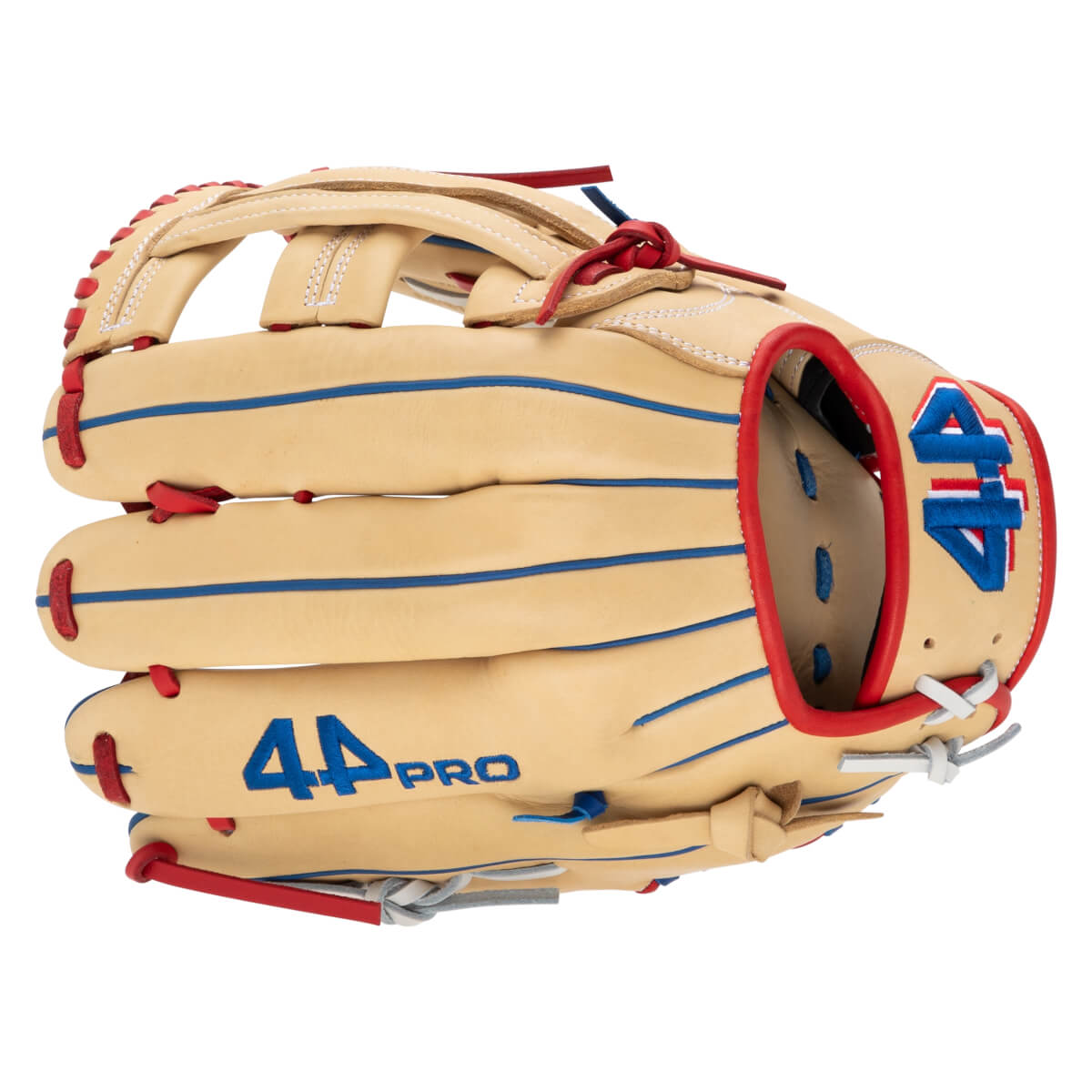 Side view of a tan '44 Pro Select Series' baseball glove with blue and red lacing and "44 PRO" logo.