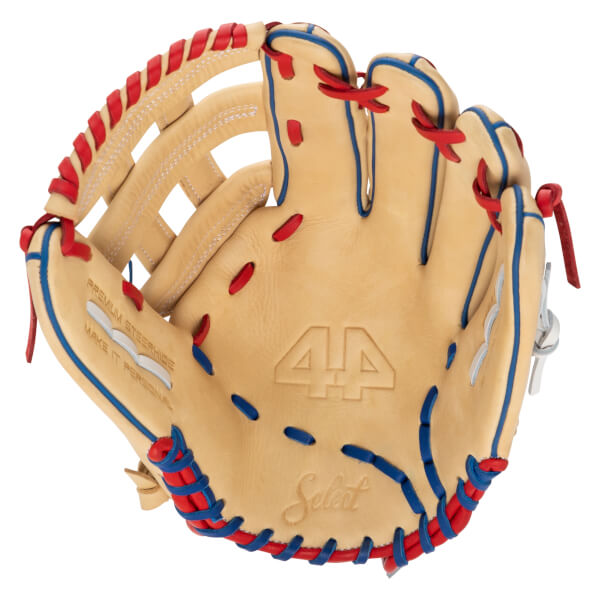 Front view of a tan baseball glove with red and blue lacing, featuring "44" and "Select" embossed.