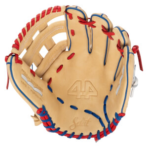 Front view of a tan baseball glove with red and blue lacing, featuring "44" and "Select" embossed.
