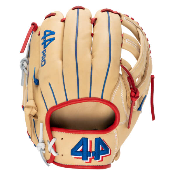 Front view of a tan baseball glove featuring red and blue stitching, with "44 PRO" and "44" logos.