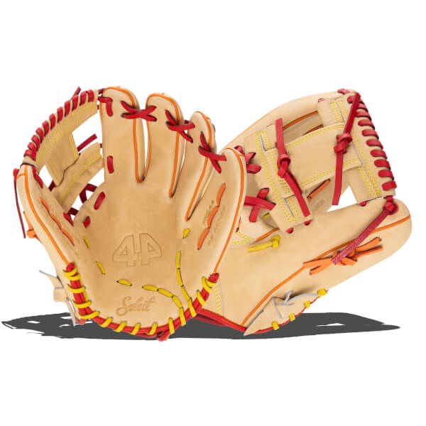 Corner view of a '44 Pro Select Series Firebird' baseball glove, showing tan leather with red and yellow lacing and "Select" text.